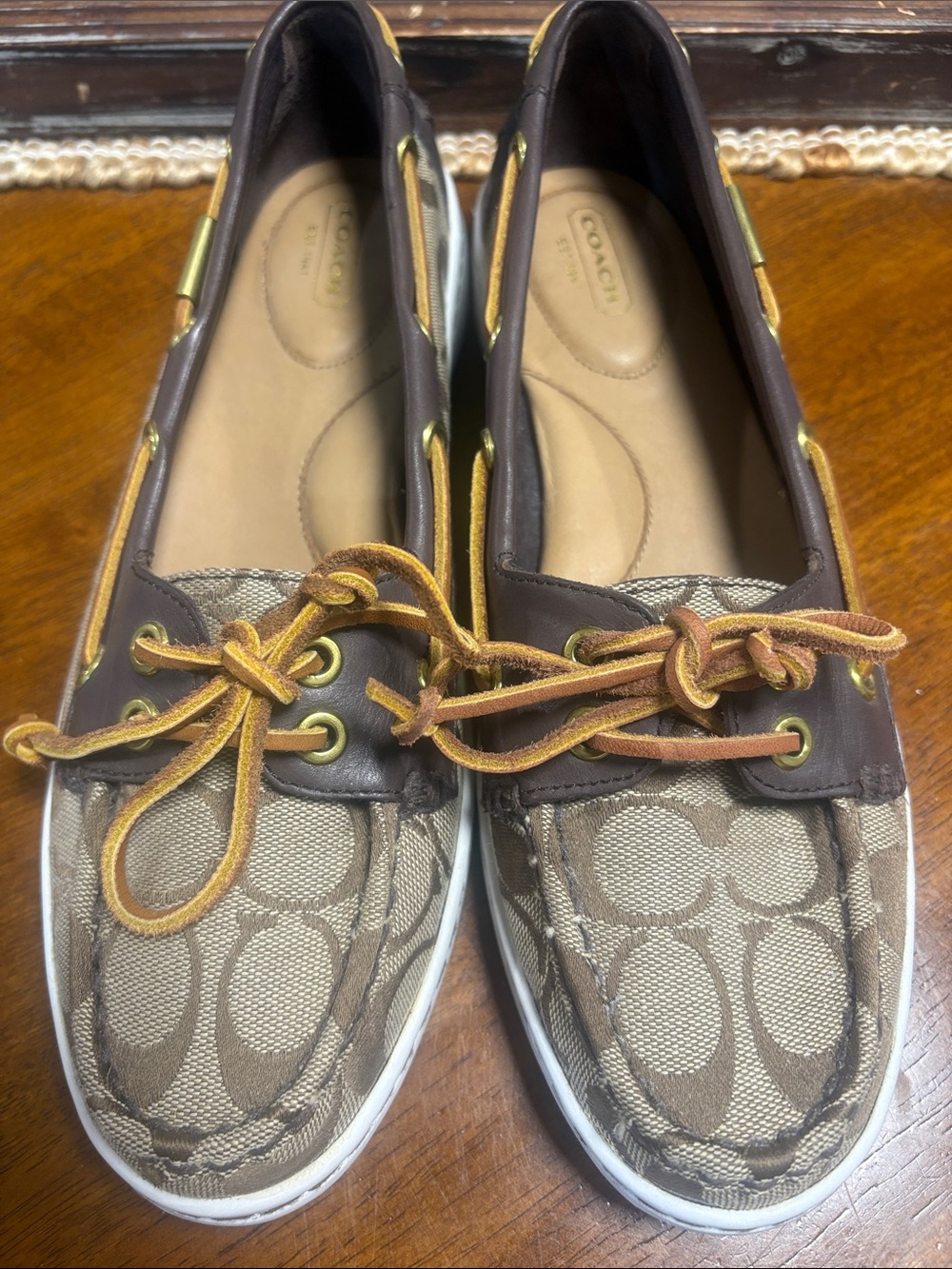 COACH Brown Leather & Tan Canvas women’s Boat Shoes
